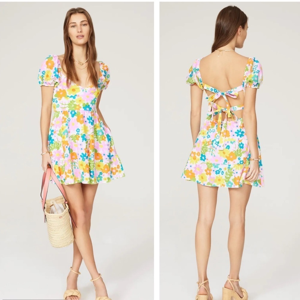 NWT SHOW ME YOUR MUMU Cathy Linen Floral Mini Sweetheart Dress Tropical Summer L